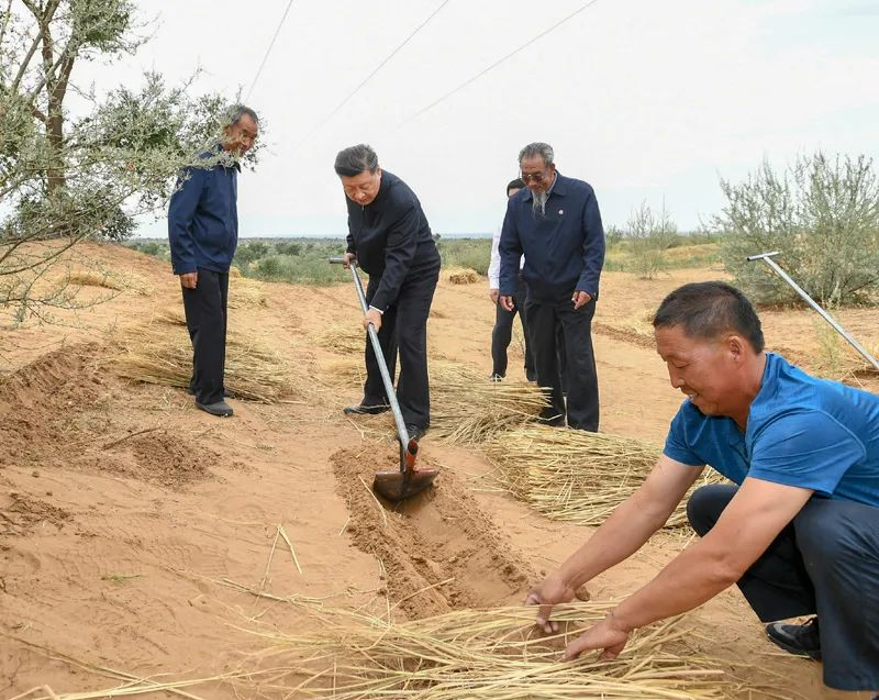 2019年8月21日，習近平來(lái)到甘肅省武威市古浪縣八步沙林場(chǎng)，實(shí)地察看當地治沙造林、生態(tài)保護等情況。新華社記者 謝環(huán)馳 攝